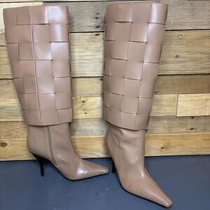 Jeffrey Campbell Skelter Boots 8 Tan Woven Faux Leather Knee High Runway Ready